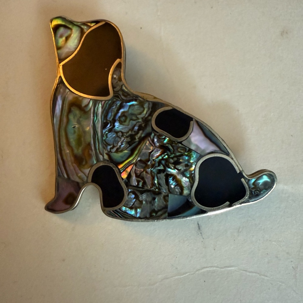 Vintage Iridescent Dog Alpaca Brooch with Abalone Inlay